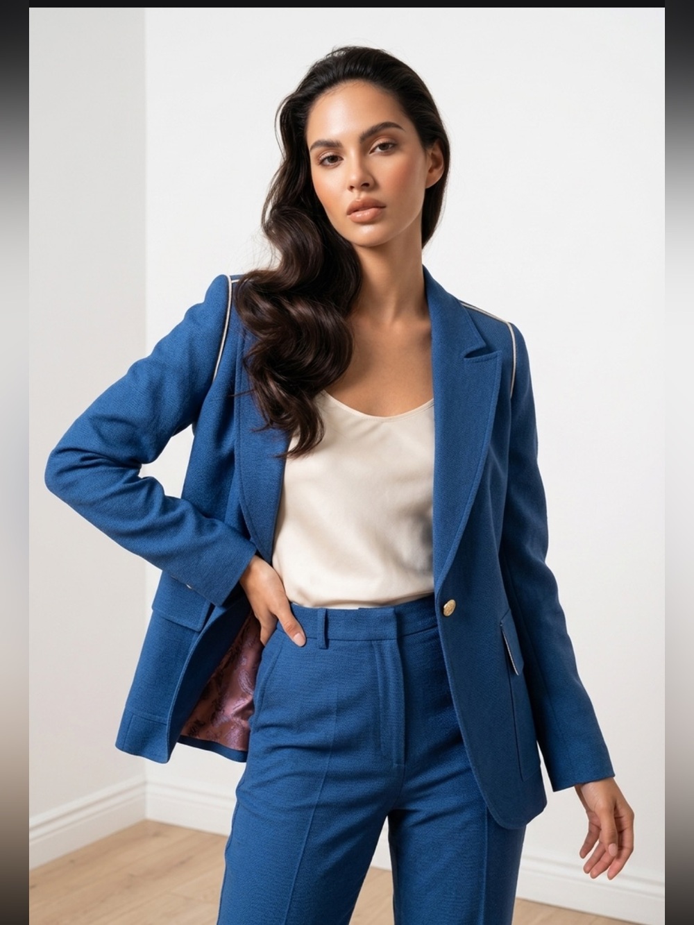 Sosken Studios Blue Contrast Piping Blazer Jacket Size 2 Linen and Silk